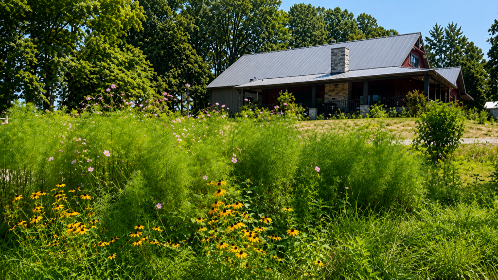 house on hill with wildflower patch in front